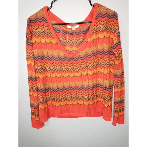 Women’s Retro Chevron Knit Sweater Long Sleeve V Neck Pullover Orange Multi Sz M - Picture 1 of 4